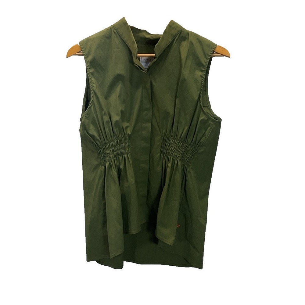 Noble 31 Olive Green crisp Poplin‎ sleeveless smocked waist peplum top sz MD